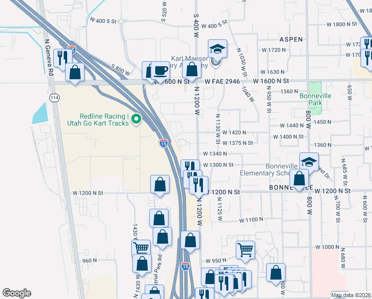 map of restaurants, bars, coffee shops, grocery stores, and more near 1335 North 1230 West in Orem
