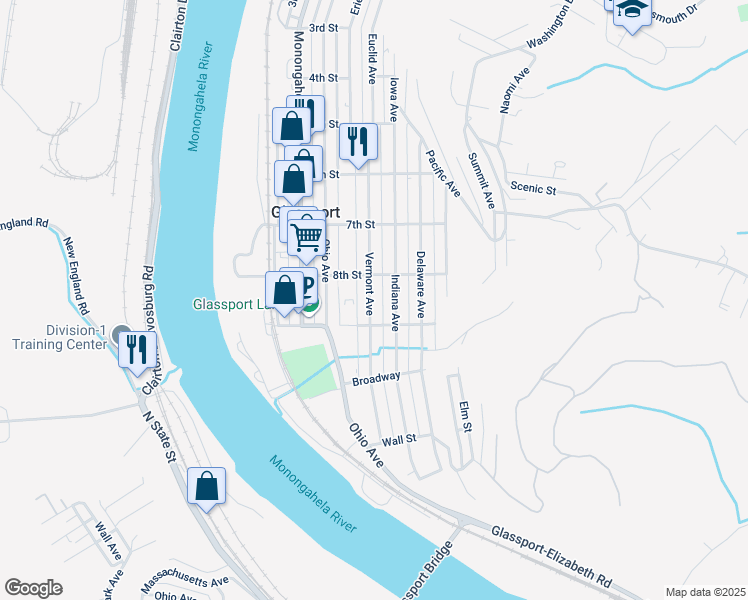 map of restaurants, bars, coffee shops, grocery stores, and more near 834 Vermont Avenue in Glassport