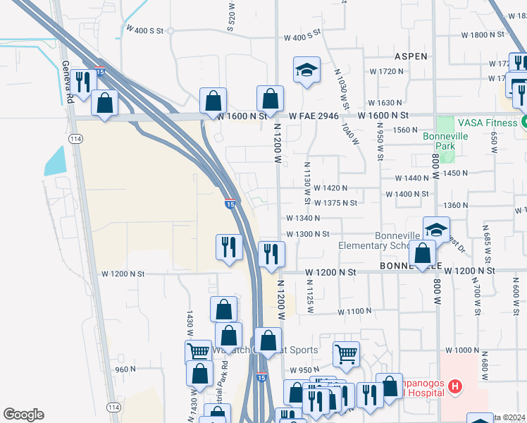 map of restaurants, bars, coffee shops, grocery stores, and more near 1349 North 1230 West in Orem