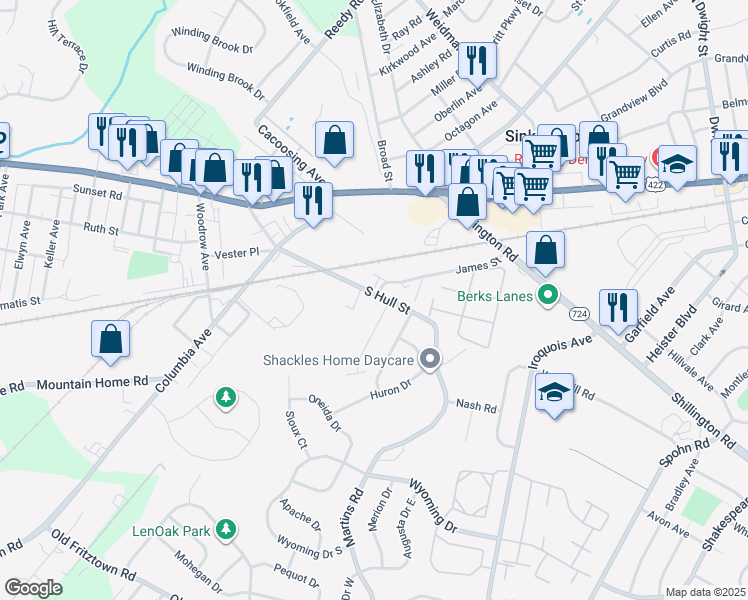 map of restaurants, bars, coffee shops, grocery stores, and more near 703 Spring Street in Sinking Spring