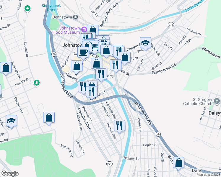 map of restaurants, bars, coffee shops, grocery stores, and more near 500 Brotz Place in Johnstown
