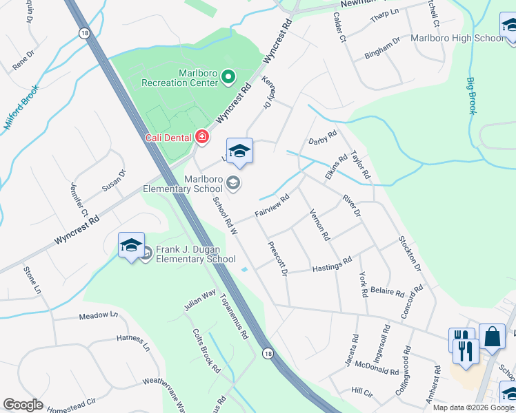 map of restaurants, bars, coffee shops, grocery stores, and more near 5 Fairview Road in Marlboro