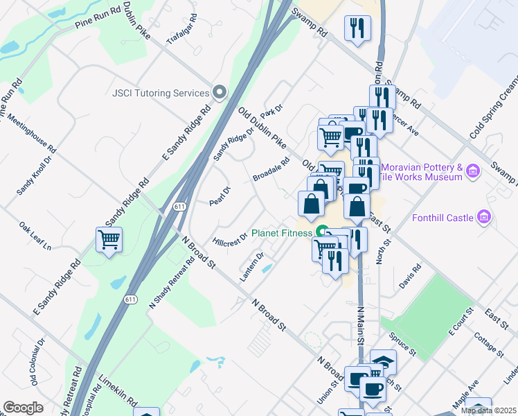 map of restaurants, bars, coffee shops, grocery stores, and more near 206 Murray Drive in Doylestown