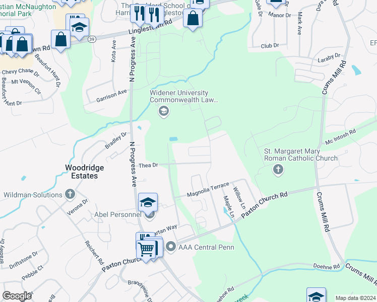 map of restaurants, bars, coffee shops, grocery stores, and more near 3851 Birchwood Circle in Harrisburg