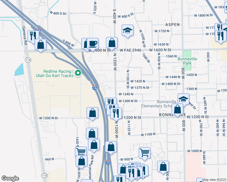 map of restaurants, bars, coffee shops, grocery stores, and more near 1362 North 1230 West in Orem