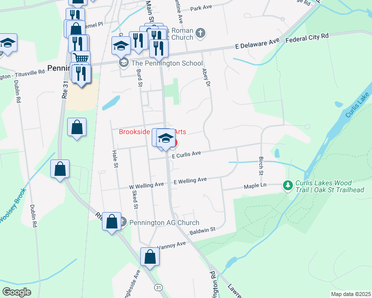map of restaurants, bars, coffee shops, grocery stores, and more near 275 South Main Street in Pennington