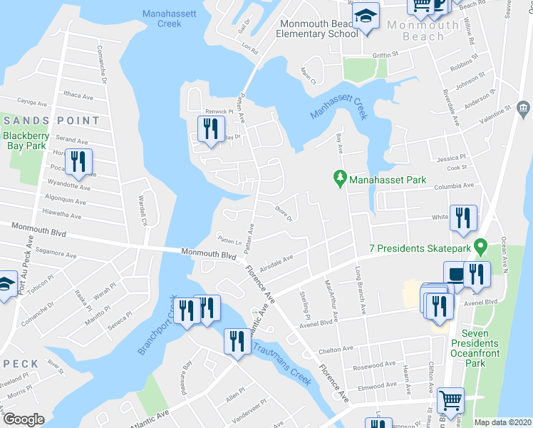 map of restaurants, bars, coffee shops, grocery stores, and more near 13 Bayview Court in Long Branch