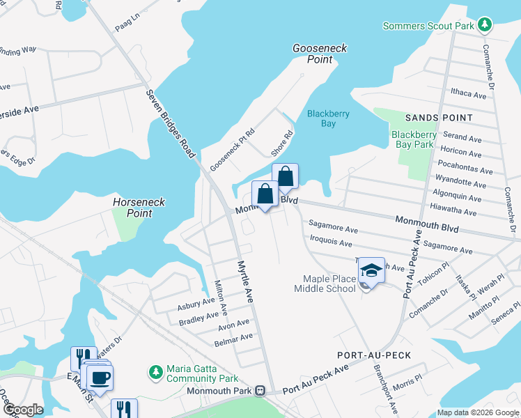 map of restaurants, bars, coffee shops, grocery stores, and more near 196 Monmouth Boulevard in Oceanport
