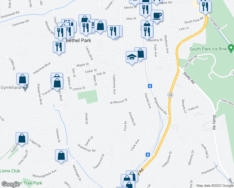 map of restaurants, bars, coffee shops, grocery stores, and more near 5475 California Avenue in Bethel Park