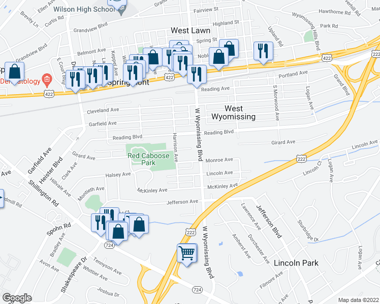 map of restaurants, bars, coffee shops, grocery stores, and more near 2330 Girard Avenue in West Lawn