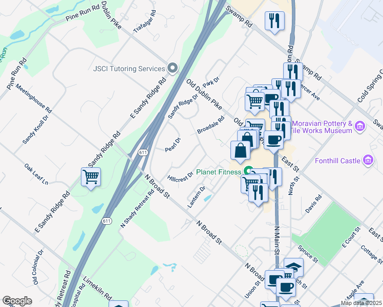 map of restaurants, bars, coffee shops, grocery stores, and more near 33 Crestland Terrace in Doylestown