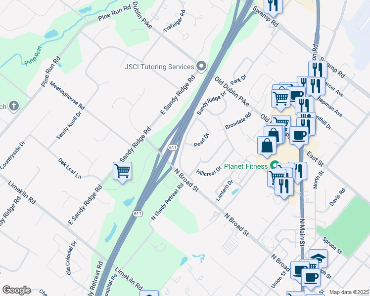 map of restaurants, bars, coffee shops, grocery stores, and more near 212 Sandy Ridge Drive in Doylestown