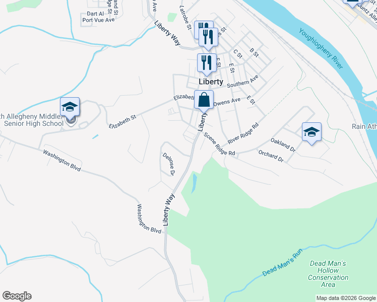 map of restaurants, bars, coffee shops, grocery stores, and more near 702 Memory Lane in McKeesport