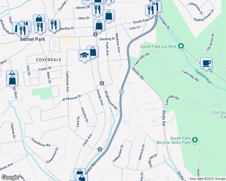 map of restaurants, bars, coffee shops, grocery stores, and more near 5533 Brightwood Road in Bethel Park