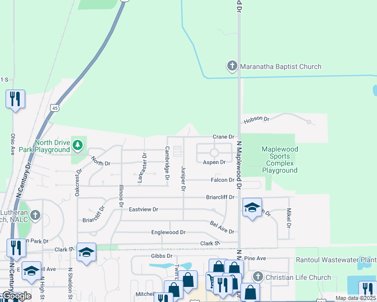 map of restaurants, bars, coffee shops, grocery stores, and more near 1317 Juniper Drive in Rantoul