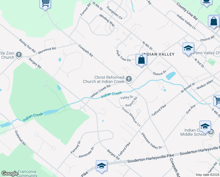 map of restaurants, bars, coffee shops, grocery stores, and more near 248 Indian Creek Road in Telford
