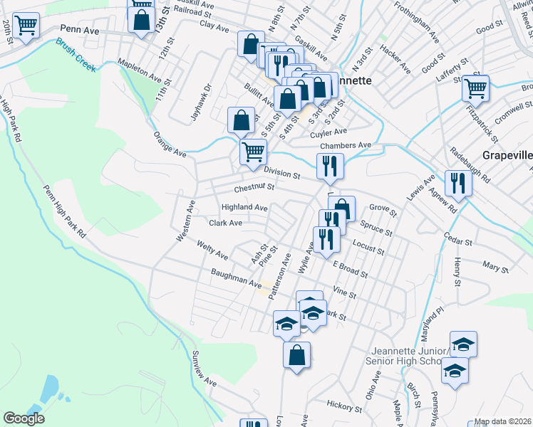 map of restaurants, bars, coffee shops, grocery stores, and more near 414 Beal Street in Jeannette