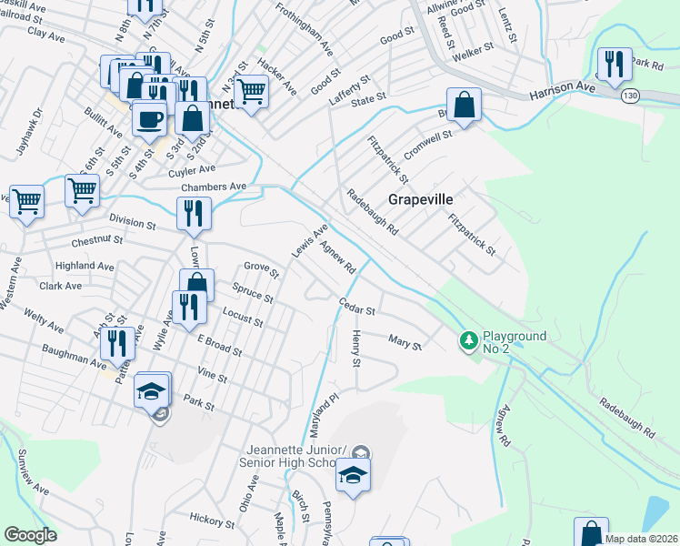 map of restaurants, bars, coffee shops, grocery stores, and more near 340 Cedar Street in Jeannette