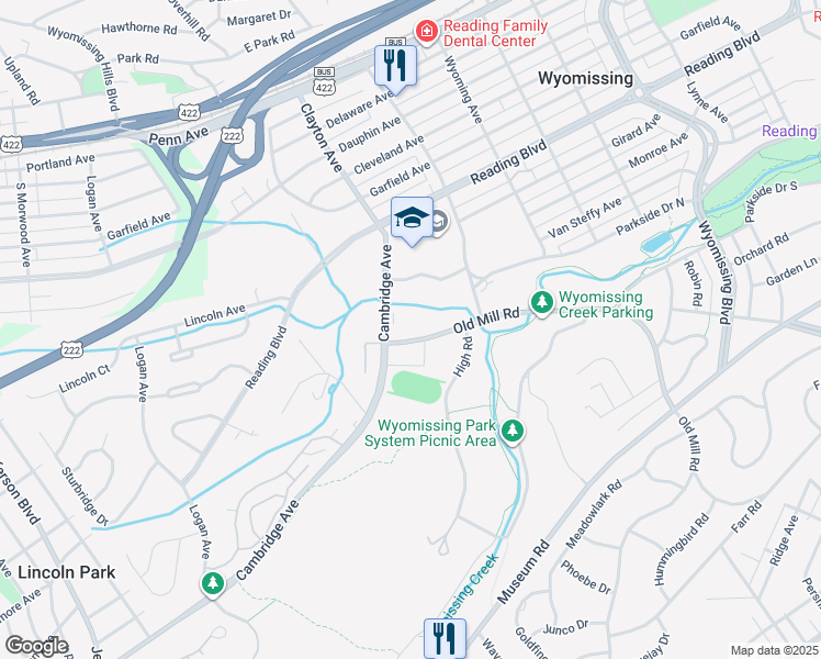 map of restaurants, bars, coffee shops, grocery stores, and more near 715 Old Mill Road in Reading