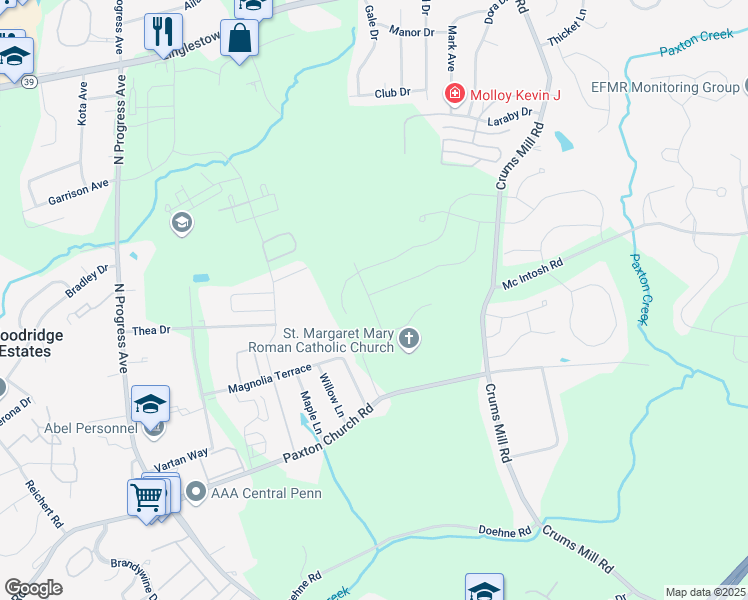 map of restaurants, bars, coffee shops, grocery stores, and more near 2910 Paxton Church Road in Harrisburg