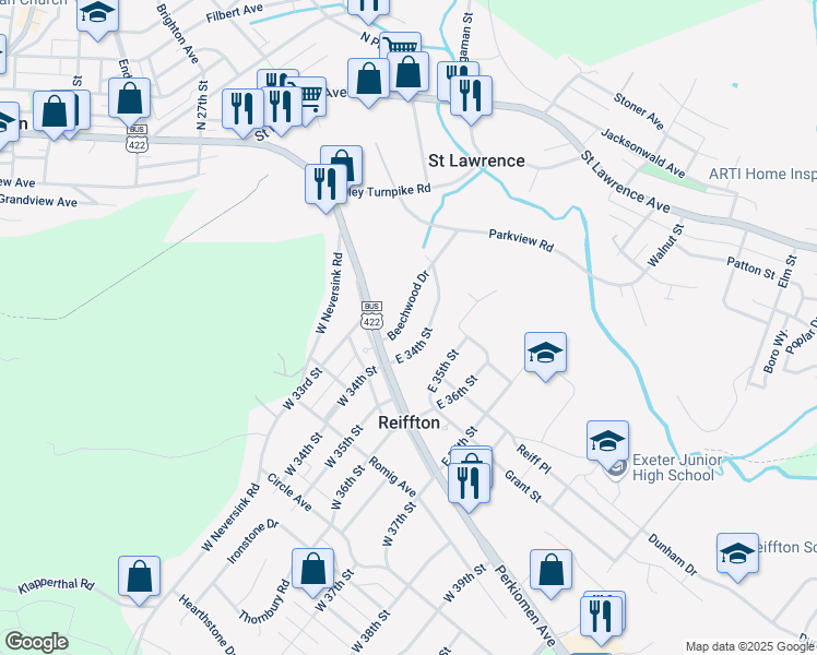 map of restaurants, bars, coffee shops, grocery stores, and more near 8 East 34th Street in Reading