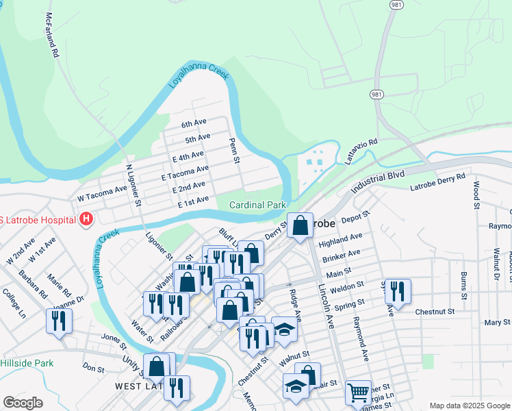 map of restaurants, bars, coffee shops, grocery stores, and more near 301-399 East 1st Avenue in Latrobe