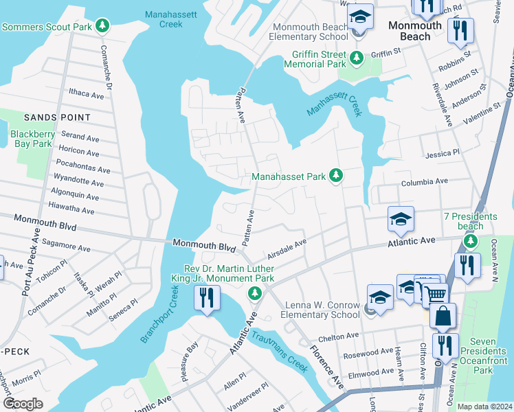map of restaurants, bars, coffee shops, grocery stores, and more near 3 Bayview Court in Long Branch