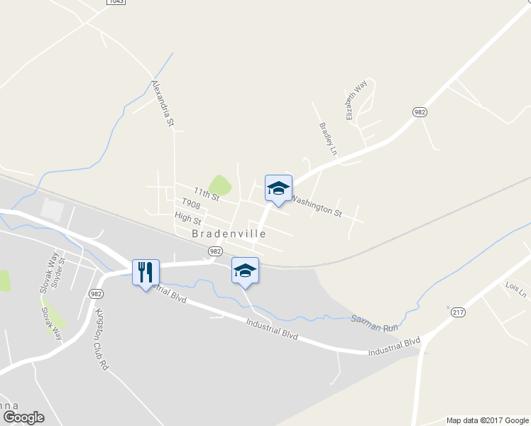 map of restaurants, bars, coffee shops, grocery stores, and more near 5196 Pennsylvania 982 in Bradenville