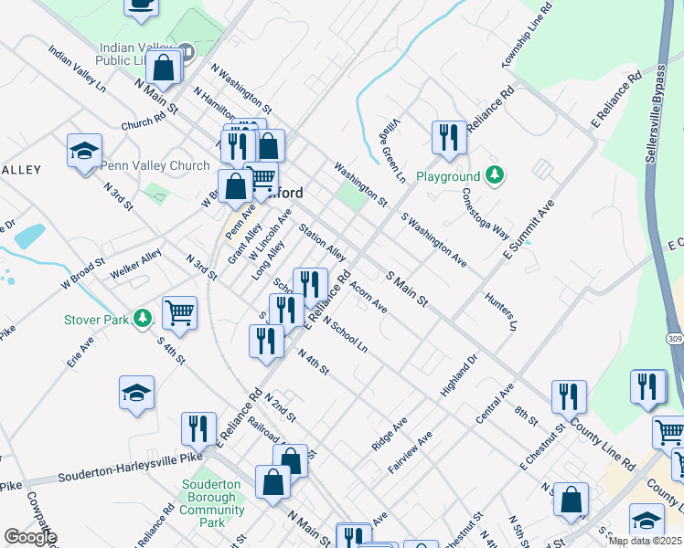 map of restaurants, bars, coffee shops, grocery stores, and more near 41 West Reliance Road in Souderton