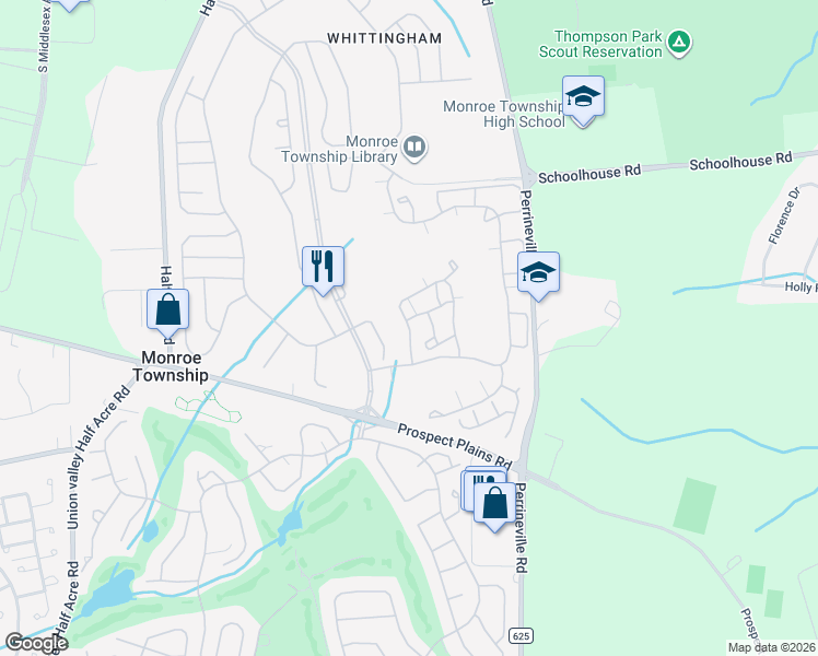 map of restaurants, bars, coffee shops, grocery stores, and more near Rutland Lane in Monroe Township