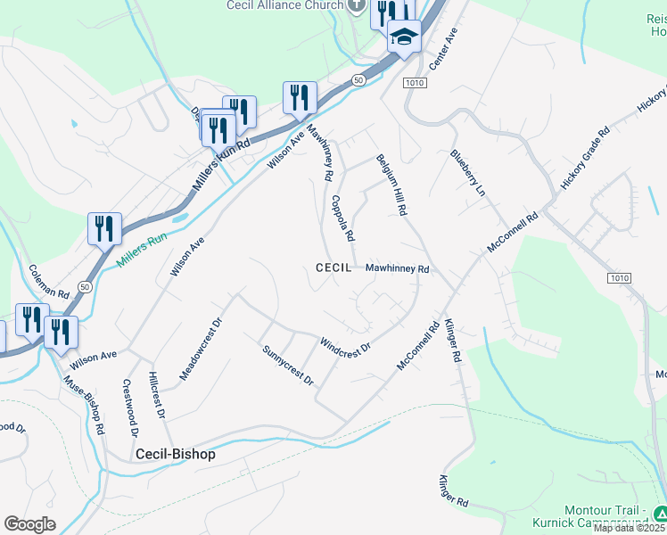 map of restaurants, bars, coffee shops, grocery stores, and more near in Cecil-Bishop