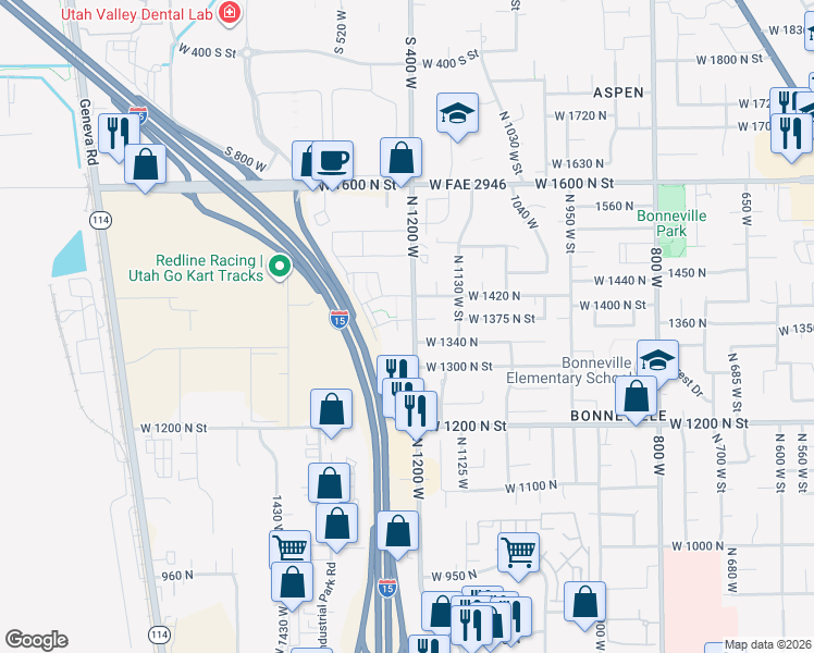map of restaurants, bars, coffee shops, grocery stores, and more near 1368 North 1230 West in Orem