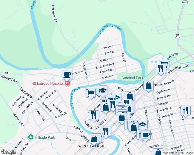 map of restaurants, bars, coffee shops, grocery stores, and more near 27 East 1st Avenue in Latrobe