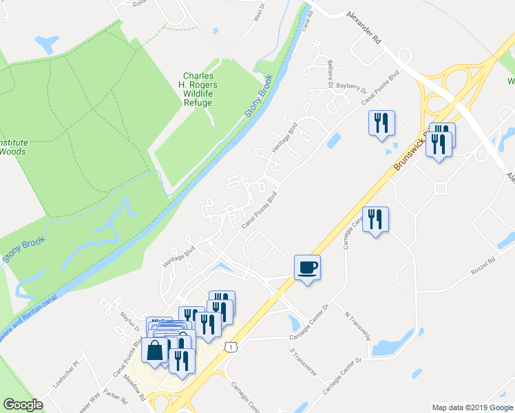 map of restaurants, bars, coffee shops, grocery stores, and more near 107 Delamere Drive in Princeton