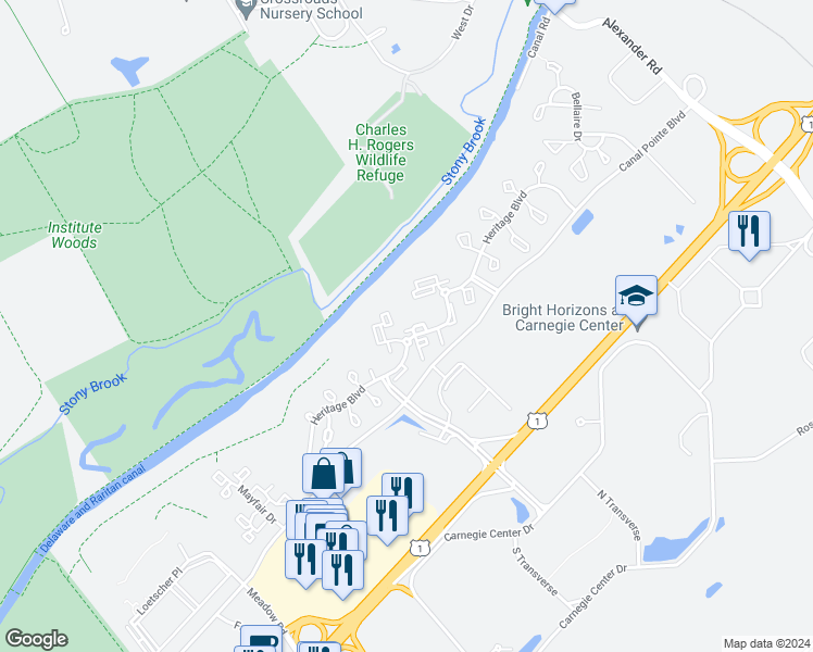 map of restaurants, bars, coffee shops, grocery stores, and more near 309 Trinity Court in Princeton