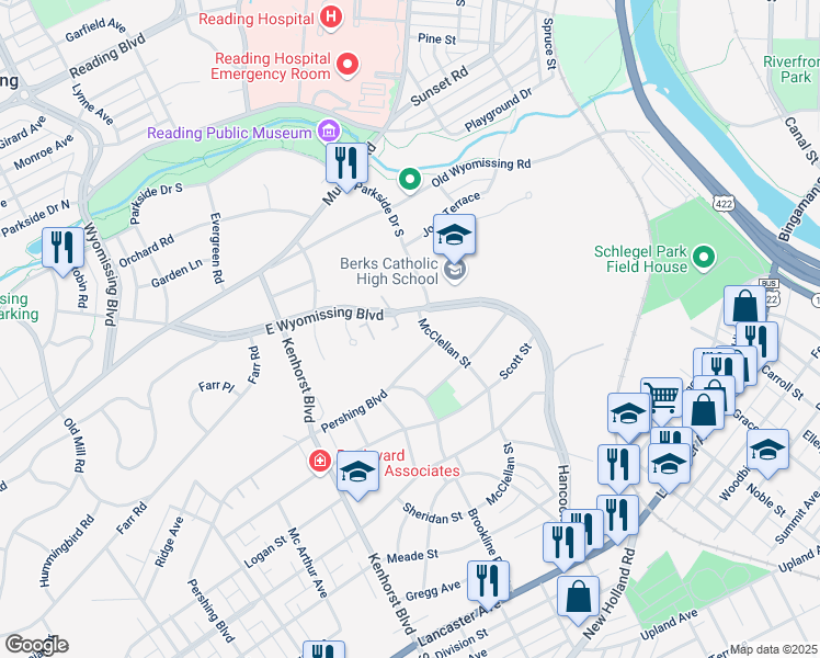 map of restaurants, bars, coffee shops, grocery stores, and more near 1001-1099 Pershing Boulevard in Reading