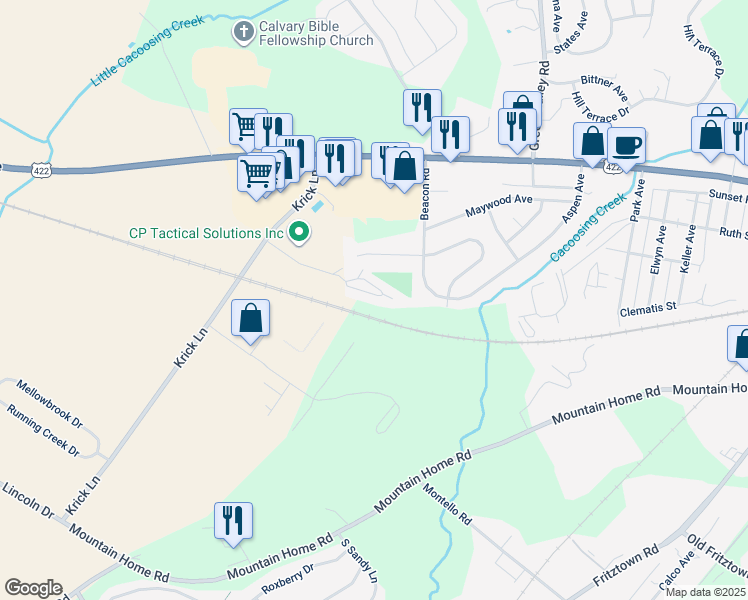 map of restaurants, bars, coffee shops, grocery stores, and more near 307 Caramist Circle in Sinking Spring
