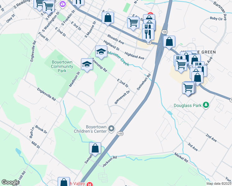 map of restaurants, bars, coffee shops, grocery stores, and more near 132 Estate Road in Boyertown