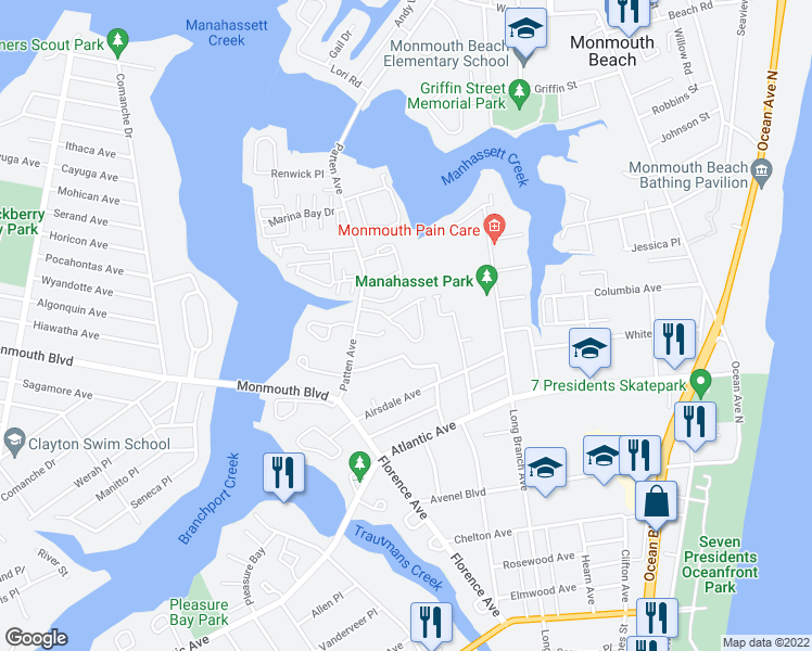 map of restaurants, bars, coffee shops, grocery stores, and more near 144 Shore Drive in Long Branch