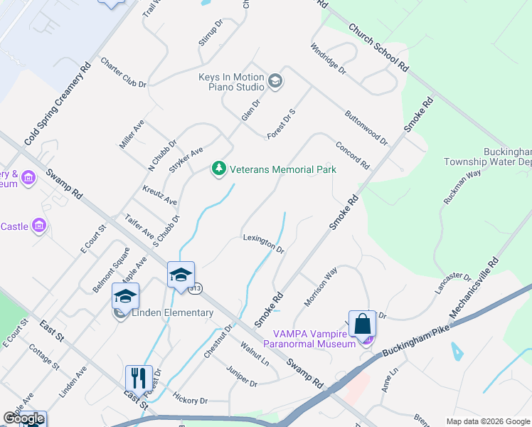 map of restaurants, bars, coffee shops, grocery stores, and more near 3585 Lexington Drive in Doylestown