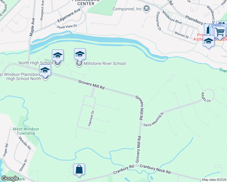 map of restaurants, bars, coffee shops, grocery stores, and more near 63 Grovers Mill Road in Middlesex County
