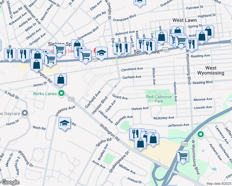 map of restaurants, bars, coffee shops, grocery stores, and more near 2644 Girard Avenue in West Lawn