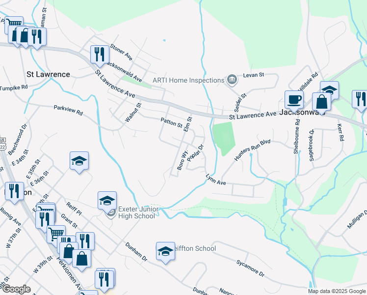 map of restaurants, bars, coffee shops, grocery stores, and more near 207 Elm Street in Reading