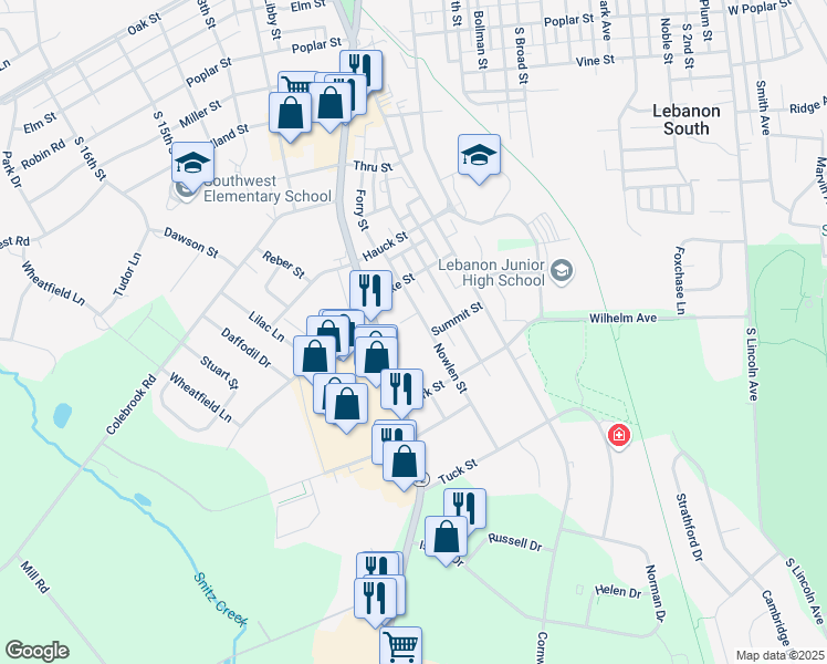 map of restaurants, bars, coffee shops, grocery stores, and more near 1249 Nowlen Street in Lebanon
