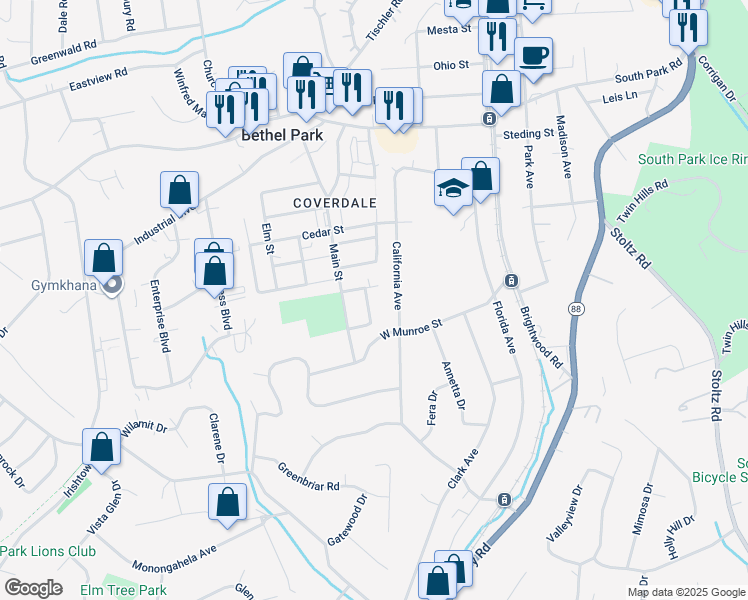 map of restaurants, bars, coffee shops, grocery stores, and more near 5461 Spruce Street in Bethel Park