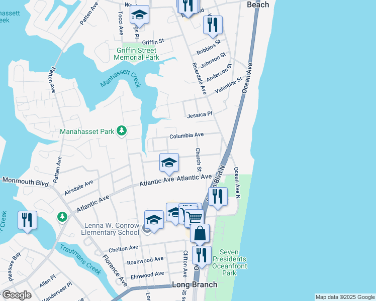 map of restaurants, bars, coffee shops, grocery stores, and more near 84 White Street in Long Branch