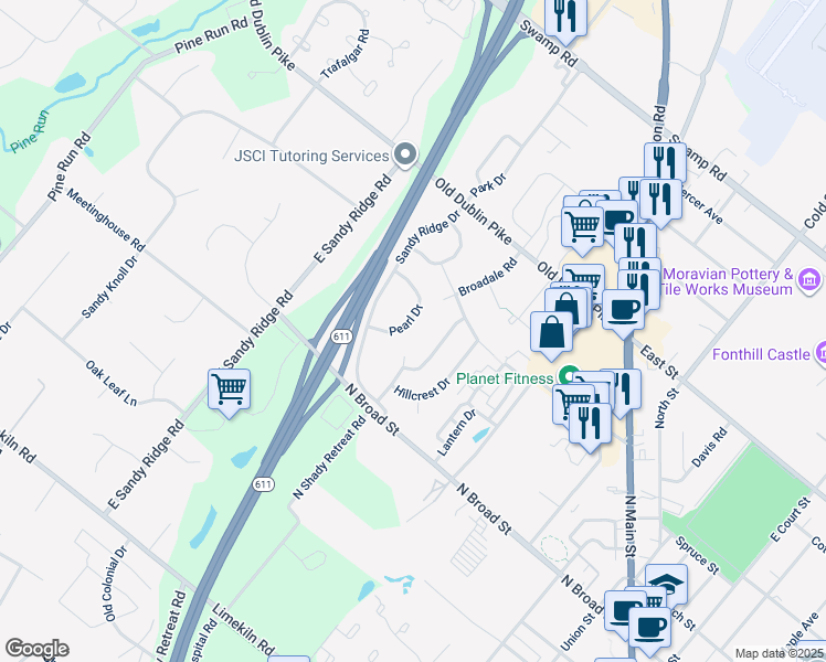 map of restaurants, bars, coffee shops, grocery stores, and more near 15 Broadale Court in Doylestown