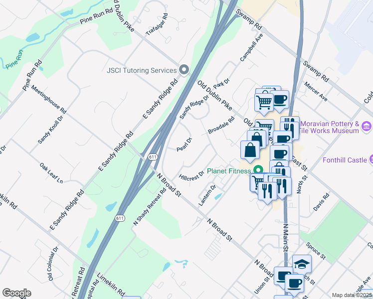 map of restaurants, bars, coffee shops, grocery stores, and more near 15 Broadale Court in Doylestown