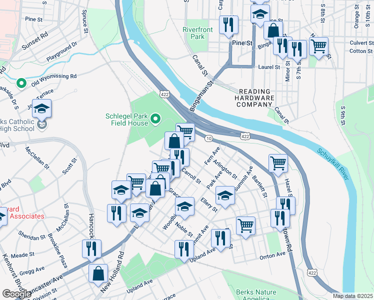 map of restaurants, bars, coffee shops, grocery stores, and more near 238 Brookline Street in Reading