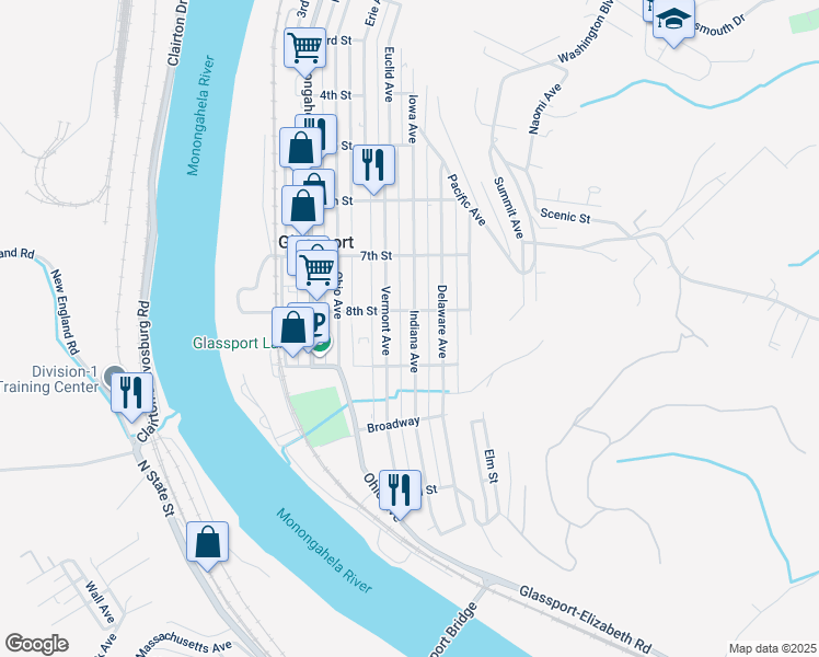 map of restaurants, bars, coffee shops, grocery stores, and more near 832 Indiana Avenue in Glassport